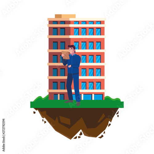 logistic worker with building character