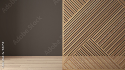 Empty room with wooden panel, parquet floor. Gray wall background with copy space. Minimalist zen interior design concept idea, modern architecture template