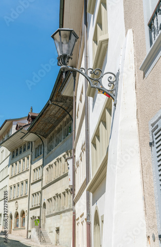 histoirc cobblestone streets and buildings in the old town of the Swiss city of Fribourg photo