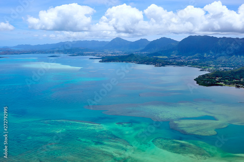 An aerial view of the sunny eastern coast of O ahu island of Hawaii  USA.