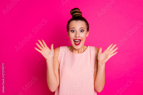 Portrait of her she nice-looking charming attractive fascinating winsome lovable lovely cheerful cheery glad girl great news yes dream isolated over bright vivid shine pink fuchsia background