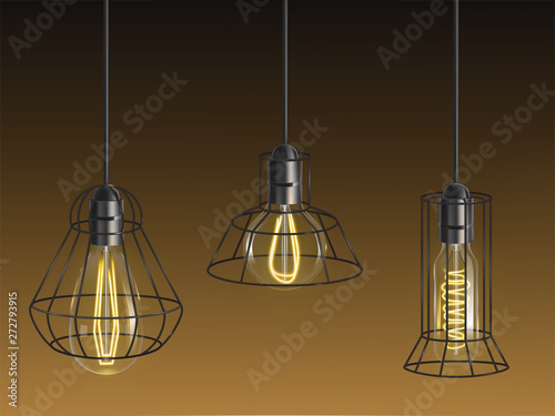 Different shape vintage, incandescent bulbs, retro lamps with heated wire filament and black lattice wire cage hanging from above in holder 3d realistic vector set. Decorative, industrial illumination