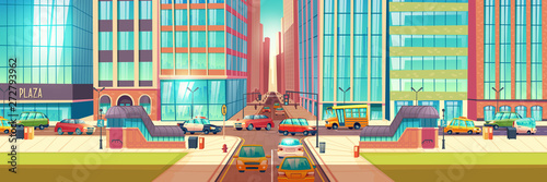 Metropolis crossroads in hour rush cartoon vector concept with stores showcases in skyscrapers buildings, sidewalks, underground pedestrian walkway and cars going on two lane city road illustration