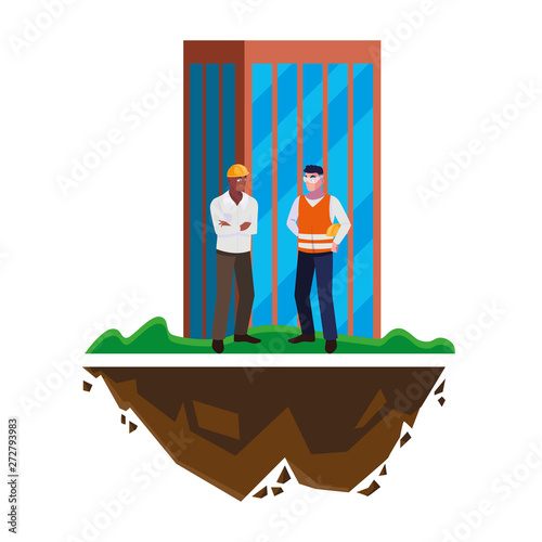 interracial male builders workers with building