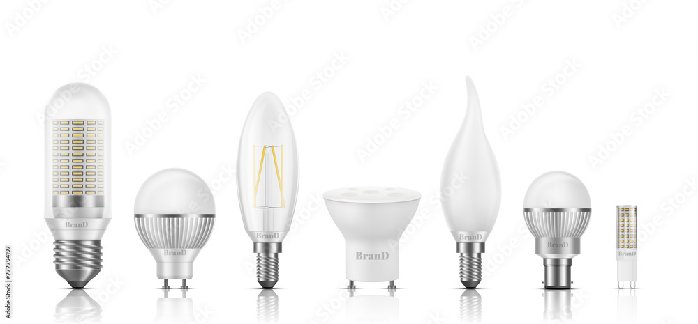 Different shape, size, base and filament types LED bulbs 3d realistic  vector set isolated on white. Powerful, high-efficient, long lifespan lamps  with matted, transparent glass, heat sink illustration Stock Vector | Adobe