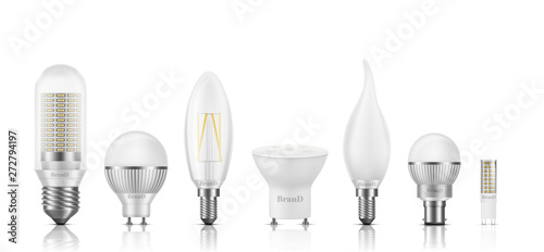 Different shape, size, base and filament types LED bulbs 3d realistic vector set isolated on white. Powerful, high-efficient, long lifespan lamps with matted, transparent glass, heat sink illustration