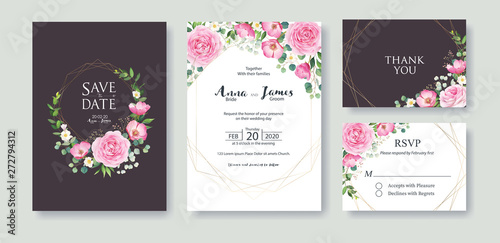 Wedding Invitation, save the date, thank you, rsvp card Design template. Vector. Summer flower, pink rose, silver dollar, Wax flower.