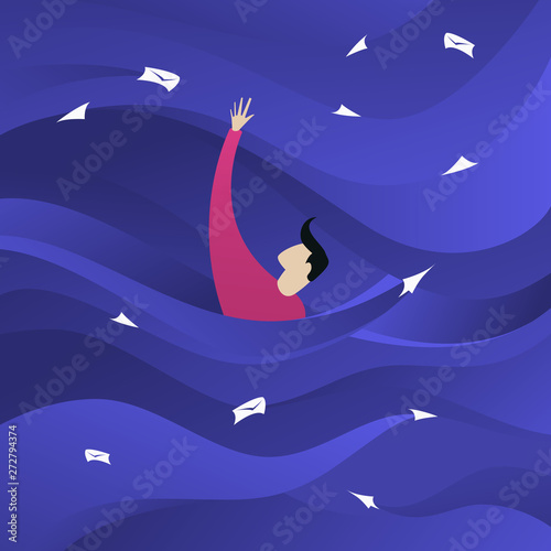 Man is drowning in a sea of information streams. Mail spam, communication overdose flat illustration. Digital Information overload concept.