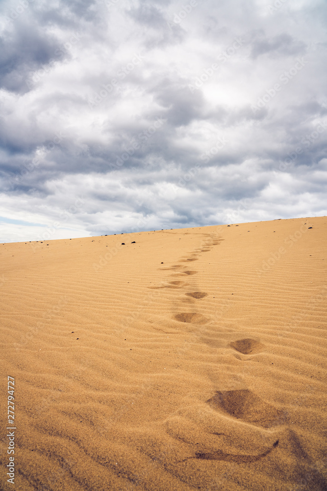 Footprints on the sand dunes. Mystical skies in the background. Footprints on the sand dunes. Mystical skies in the background.