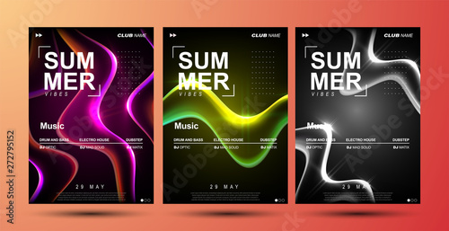 Colorful abstract liquid and fluid poster and cover design. Minimal geometric pattern gradients backgrounds. Electronic music flyer.