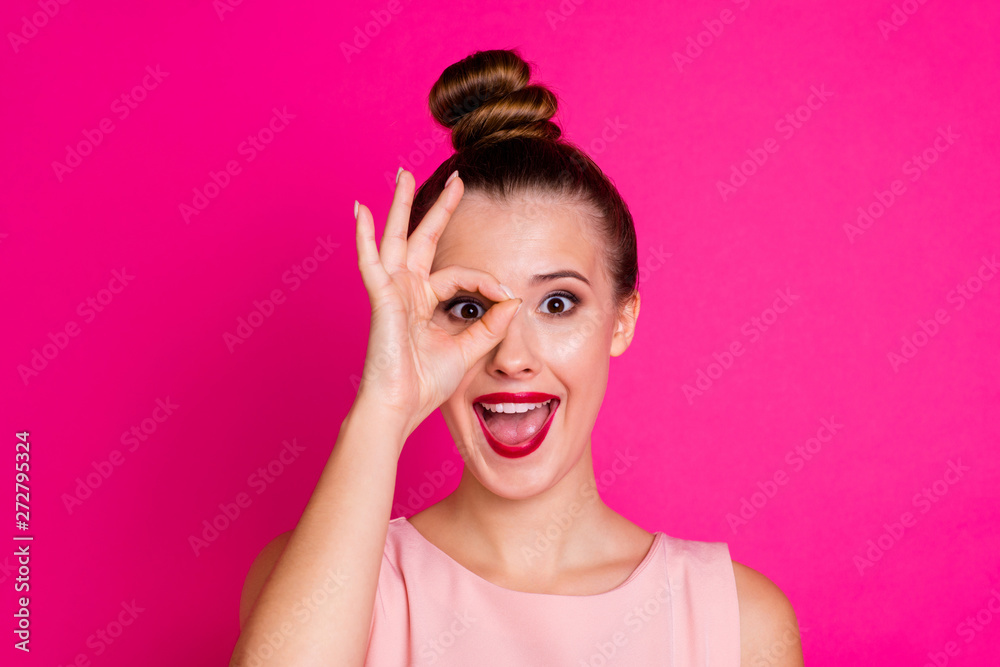Close up photo of nice cute pretty lovely millennial people person childish positive cheerful candid content dressed top-knot top fashionable isolated colorful bright pink background Close up photo of nice cute pretty lovely millennial people person childish positive cheerful candid content dressed top-knot top fashionable isolated colorful bright pink background