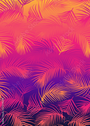 Fototapeta Naklejka Na Ścianę i Meble -  Abstract background with palm leaves in retro futuristic 80s style. Vector template for cards, posters, covers, etc. Synthwave, vaporwave, cyberpunk aesthetics.