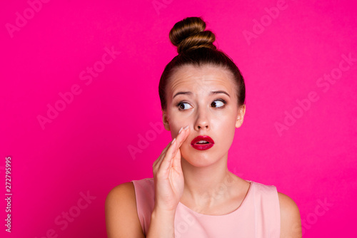 Portrait of charming lovely teen teenager hold hand share forbidden unbelievable unexpected news promotion wonder stare dressed top knot modern millennial glamorous background 