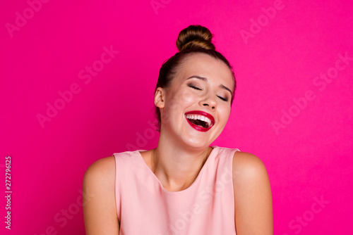 Close up photo of nice cute stunning person people have free time loud charming magnificent cheerful student carefree optimistic dressed top-knot pastel-colored clothes isolated colorful background