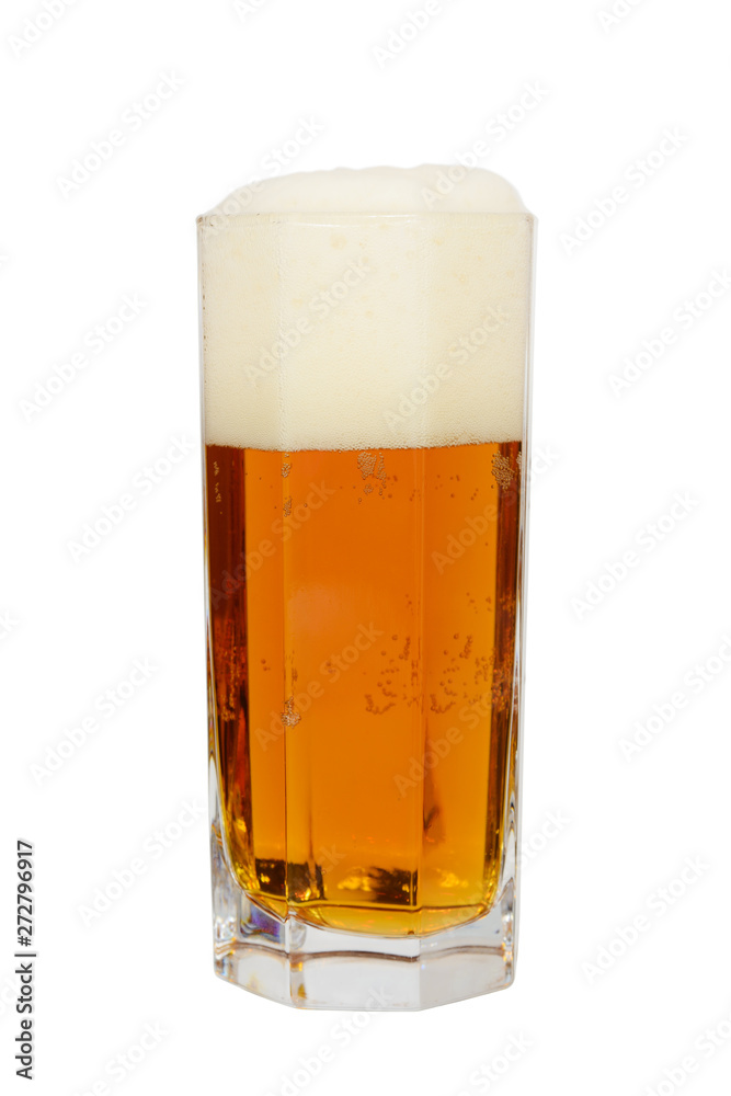 Glass mug with beer and foam on a white background Glass mug with beer and foam on a white background