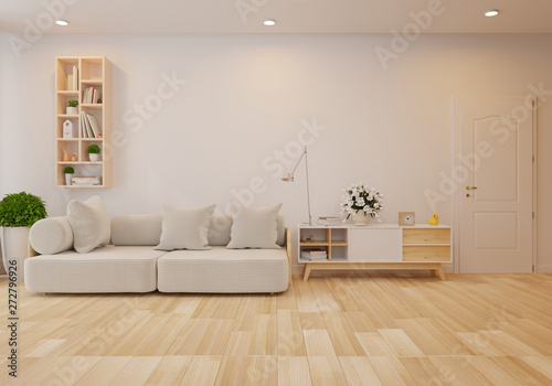 Interior mock up with gray sofa in living room with white wall. 3D rendering