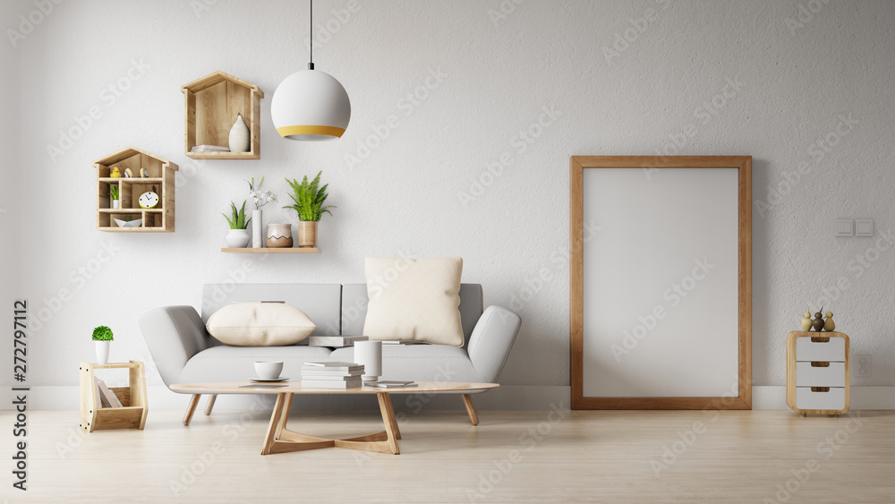 Fototapeta premium Interior poster mock up living room with colorful white sofa. 3D rendering. 