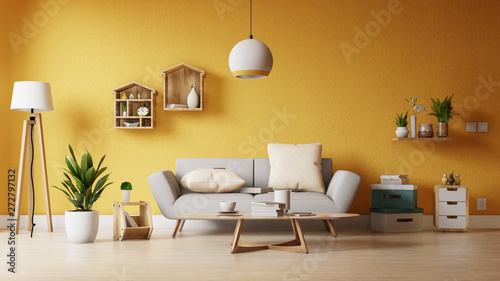 Interior poster mock up living room with colorful white sofa. 3D rendering. 