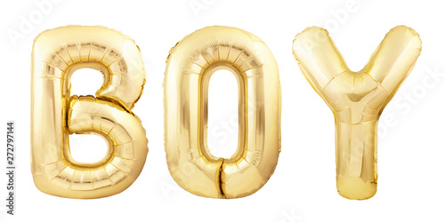 Word BOY made of golden inflatable balloon letters isolated on white background. Golden boy baby shower party ballons. It's a BOY