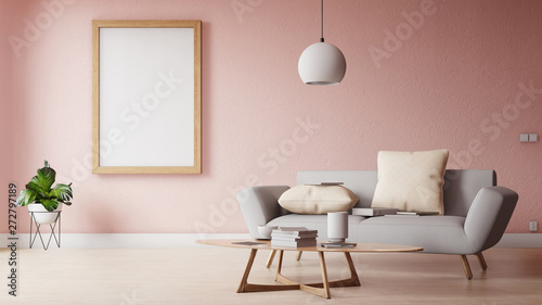    Interior poster mock up living room with colorful white sofa. 3D rendering. 