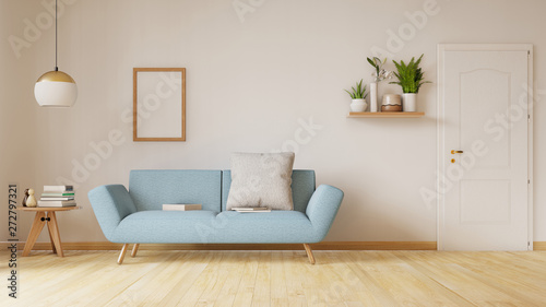 Modern living room interior with sofa and green plants,lamp,table on white wall background. 3d rendering