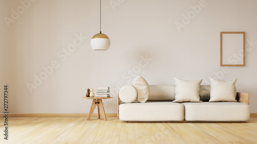 Modern living room interior with sofa and table on white wall background. 3d rendering