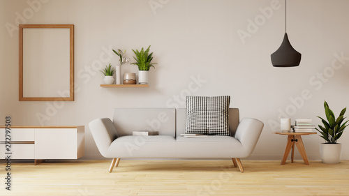 Modern living room interior with sofa and green plants,lamp,table on living .3d renderin.