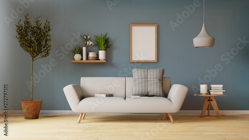Modern living room interior with sofa and green plants,lamp,table on living .3d renderin.
