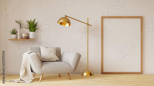Modern living room interior with sofa and green plants,lamp,table on living .3d renderin.
