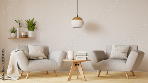 Modern living room interior with sofa and green plants,lamp,table on living .3d renderin.