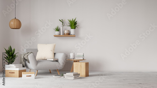 Interior poster mock up living room with colorful white armchair. 3D rendering.