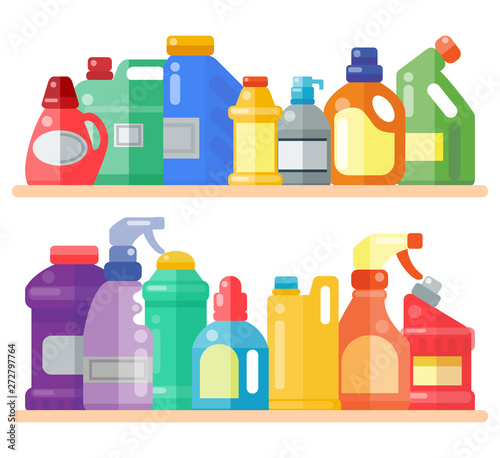 Cleaning products on shelf household bottle plastic liquid detergent product vector illustration. Cleaner disinfect equipment packaging. Cleanup care housekeeping fluid container.