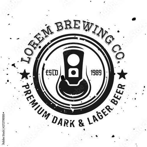 Beer can top view vector emblem, label, badge