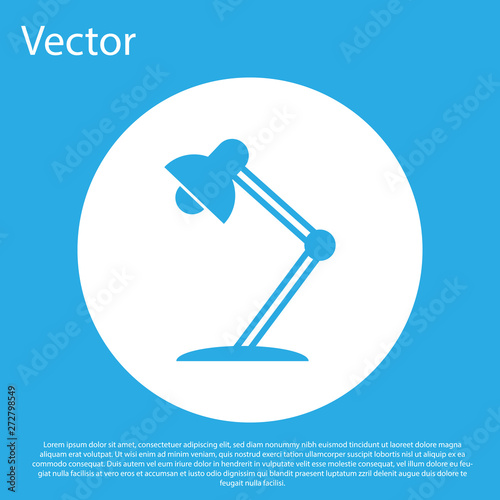 Blue Table lamp icon isolated on blue background. Table office lamp. White circle button. Flat design. Vector Illustration