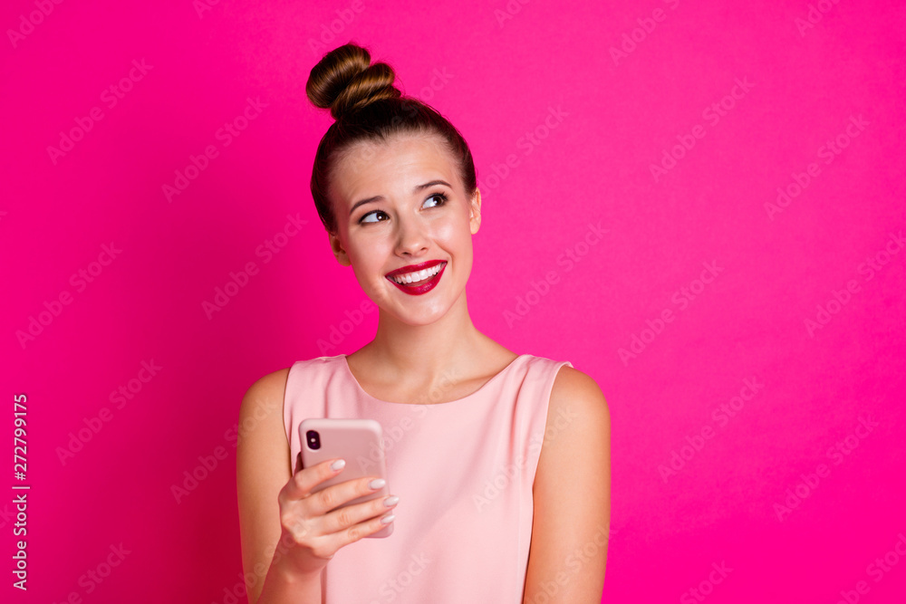 Portrait of cute funny funky shiny person people hold hand use user modern technology social network account apps have thought write writer she her blouse youth top knot isolated bright background Portrait of cute funny funky shiny person people hold hand use user modern technology social network account apps have thought write writer she her blouse youth top knot isolated bright background