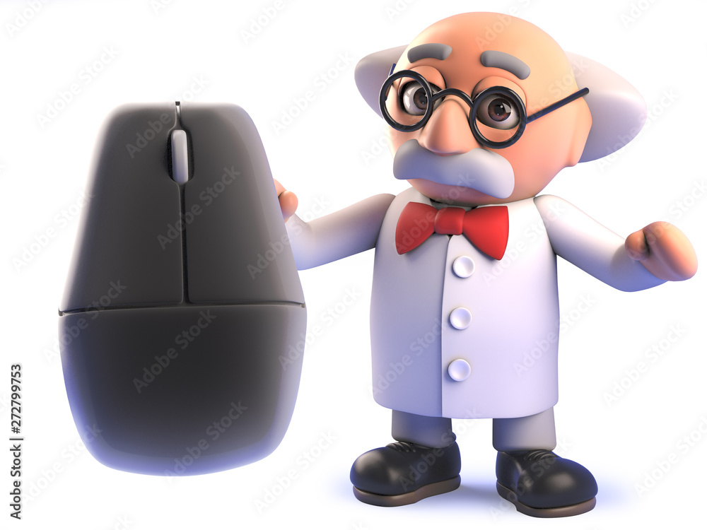 3d cartoon mad scientist professor character holding a computer mouse Stock  Illustration | Adobe Stock