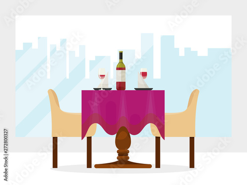 Reserved modern restaurant table with tablecloth, wineglasses, reservation tabletop two chairs cartoon vector illustration. Comfortable kitchen desk place for drink. City background window.