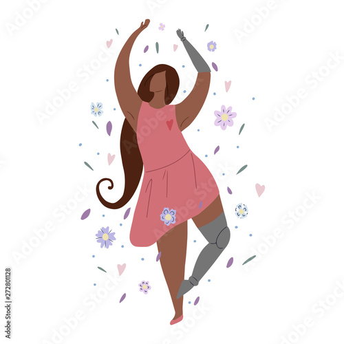 Beautiful african girl dancing in flowers with prosthetic arm and leg. Modern flat illustration of a strong self sufficient woman for postcards, articles and banners. Self love and body positive