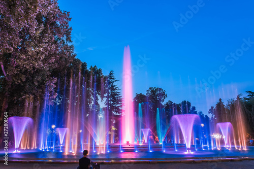 Colorful magical fountain on the Margaret Island in the evening. Long exposure photo.