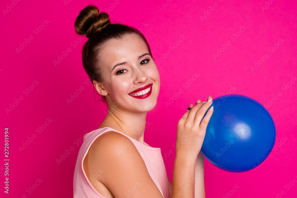 Portrait of attractive magnificent lady hold hand ballon feel positive cheerful luxury satisfied content weekend dressed pastel colored millennial clothes youth top-knot isolated vibrant background Portrait of attractive magnificent lady hold hand ballon feel positive cheerful luxury satisfied content weekend dressed pastel colored millennial clothes youth top-knot isolated vibrant background