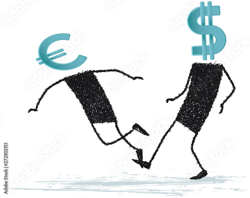 The dollar has put the euro tripped, isolated on white background. Illustration with two stick figures, one has in mind the dollar sign, the other euro symbol. The dollar puts tripped the euro.