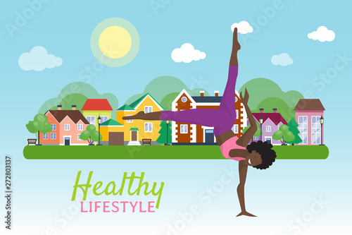 Fitness woman jumping outdoor in urban enviroment city landscape vector illustration. Haelthy lifestyle concept banner attractive girl exercising cityscape. Tourism architecture. photo