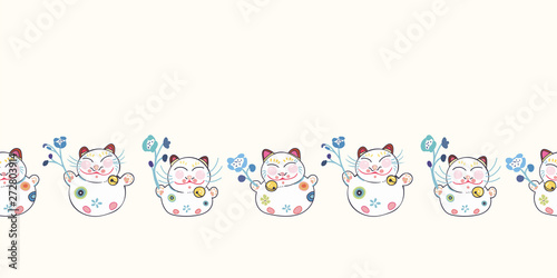 White vector repeat bordern with happy maneki neko cat and blue florals. Japan inspired pattern. Comic style. Perfect for paper and textile projects or events. Surface pattern design.