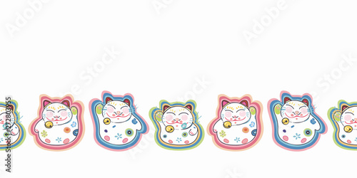 White vector repeat bordern with happy maneki neko cat and pastel ornamental florals. Japan inspired pattern. Comic style. Perfect for paper and textile projects or events. Surface pattern design.