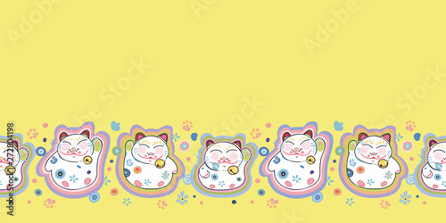 Yellow vector repeat bordern with happy maneki neko cat and pastel ornamental florals. Japan inspired pattern. Comic style. Perfect for paper and textile projects or events. Surface pattern design.