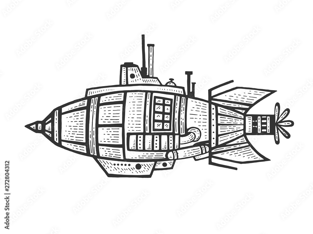 Fototapeta premium Fantastic fabulous bathyscaphe sketch engraving vector illustration. Scratch board style imitation. Black and white hand drawn image.