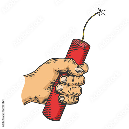Hand with dynamite bomb color sketch engraving vector illustration. Scratch board style imitation. Black and white hand drawn image.