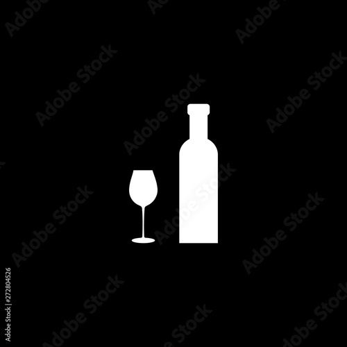 Wine bottle with wine glass icon white silhouette isolated on black background. Vector illustration.