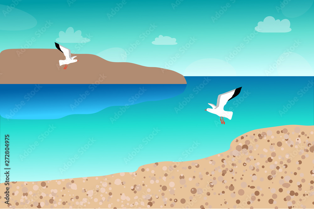 Fototapeta premium Sea flat landscape. Sea, beach, seagulls, mountains, clouds