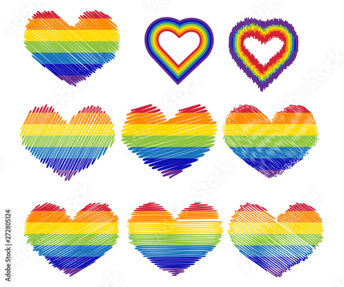 Pride LGBT heart vector icon set, Lesbian gay bisexual transgender concept love symbol. Collection of Color rainbow flag. Flat design signs